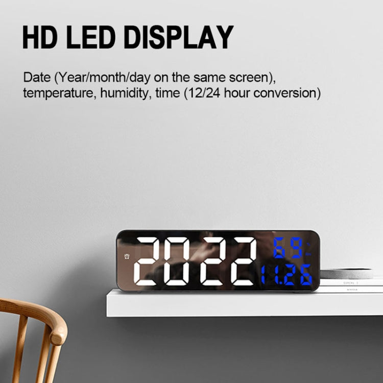 671 Mirror Screen Digital LED Alarm Clock USB Plug-in/Battery Dual-use With Temperature/Humidity Display(Black Shell White Blue) by bashfashion