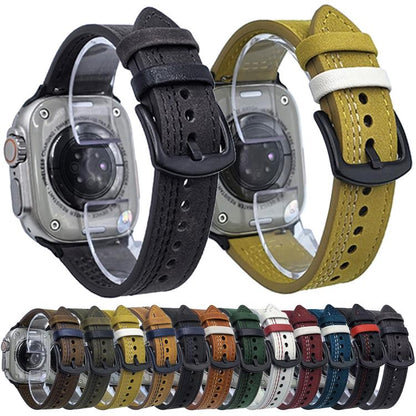 For Apple Watch 42mm / 41mm / 40mm / 38mm 7-Line Tri-Star Buckle Pull Up Leather Watch Band(Beige Red Thread) by bashfashion