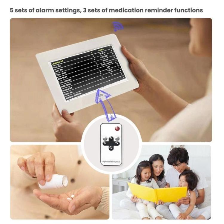 7-inch Digital Frame Calendar Day Clock With 3 Medication Alerts, 5 Custom Alarms, Multi-Language Support US Plug Black by bashfashion